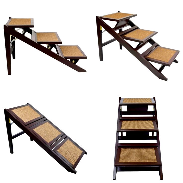 four different types of wooden steps with carpeted seats and trays on each step