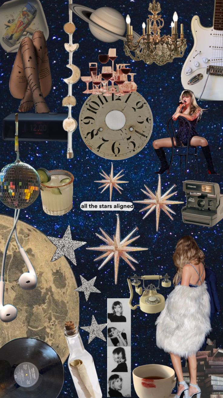 a collage of various items including a clock, stars, and other things in the sky