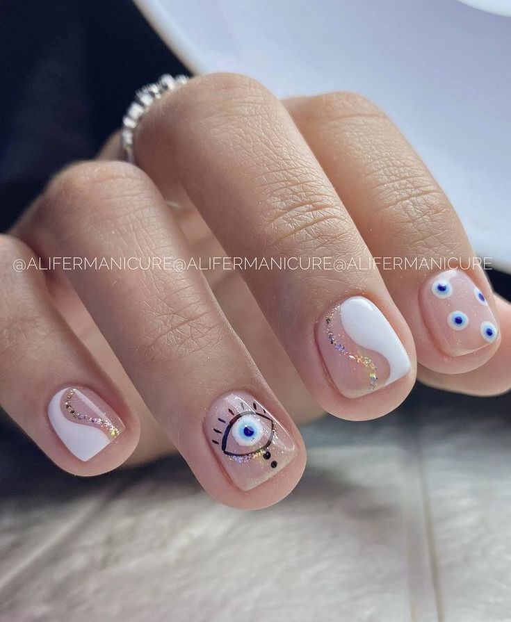 Boho Chic Nails Designs, Evil Eye Manicure, Spiritual Nail Art, Evil Eye Nails Design, Summer Ombre Nails, 2023 Spring Nails, Summer Nails 2023, Evil Eye Nails, Wow Nails