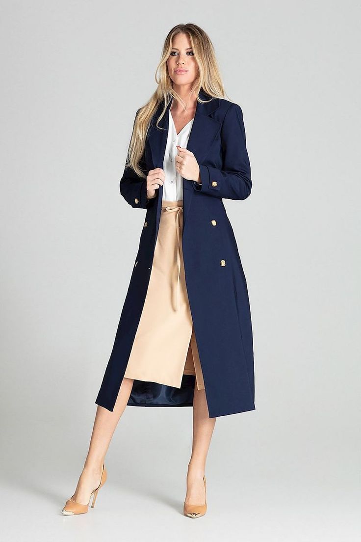 Navy blue long classic spring coat with a lining. Double-breasted, pockets in side seams, tied at the waist. Luxury Navy Elegant Outerwear, Luxury Navy Winter Blazer, Luxury Navy Outerwear For Office, Luxury Navy Outerwear For Spring, Luxury Navy Single Breasted Outerwear, Navy Blue Coat Dress, Cheap Navy Long-sleeved Outerwear, Luxury Navy Casual Peacoat, Luxury Navy Peacoat Casual Style