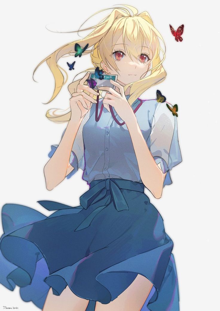 a girl in a blue dress is holding a butterfly and looking at her cell phone