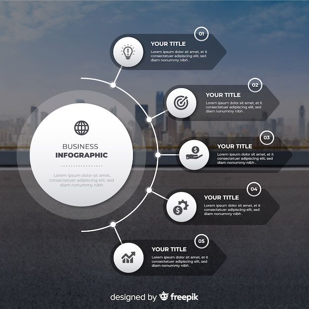 a business info graphic with arrows on the road and buildings in the backgroud