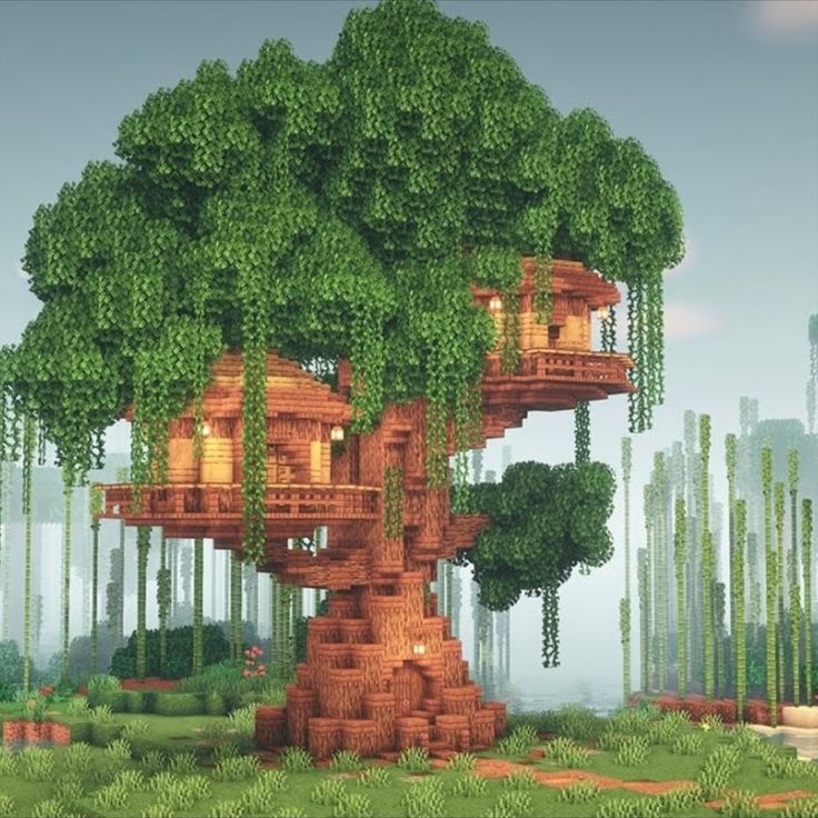 a tree house in the middle of a forest with lots of greenery on it