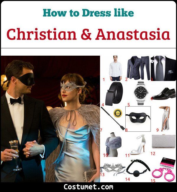 a man and woman dressed up in formal wear, with the caption how to dress like christian & anastasiaa