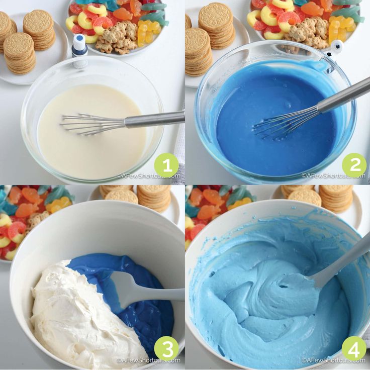 four pictures showing how to make blue icing for cookies and marshmallows