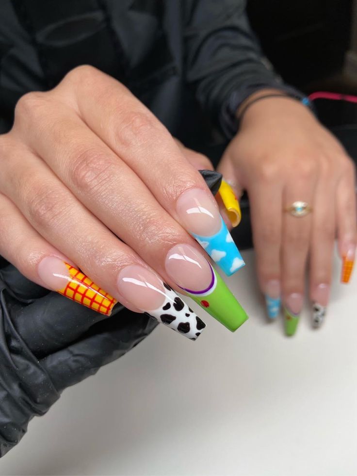 Disney Theme Acrylic Nails, Toy Story Theme Nails, Toy Story Inspired Nails, Nails Acrylic Disney, Toy Story Nail Art, Crazy Short Nails, Toy Story Nails Acrylic, Disney Theme Nails, Movie Nails