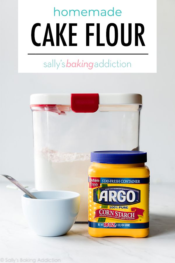 ingredients to make homemade cake flour sitting on a counter with text overlay that reads homemade cake flour