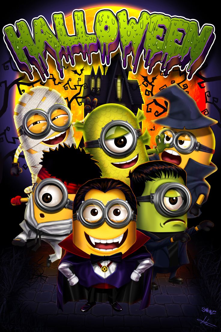 a group of minion characters in halloween costumes