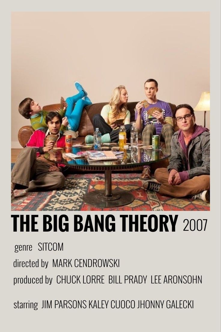 a group of people sitting around a coffee table in front of a poster for the big bang theory 2007