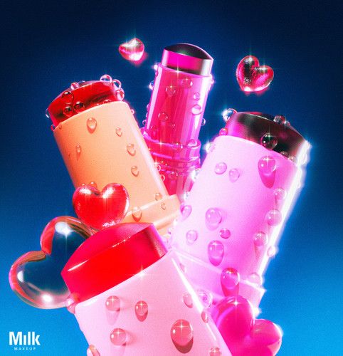 a bunch of different types of lipstick in the air with hearts and bubbles around them