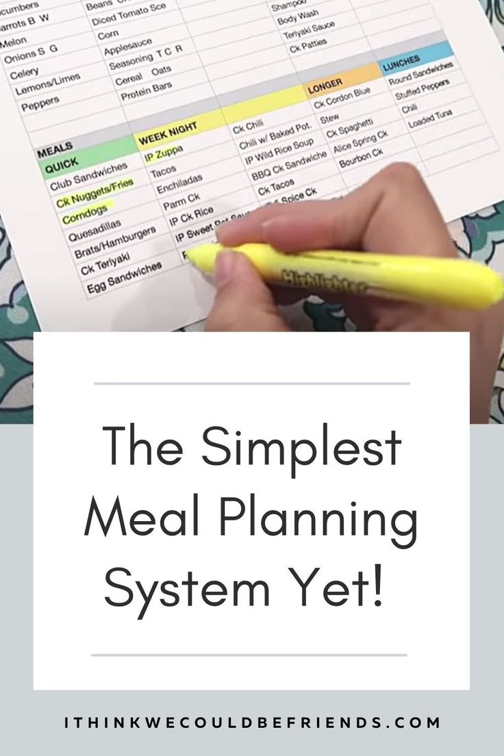 a person holding a yellow pen in front of a meal planner with the words, the simplest meal planning system yet