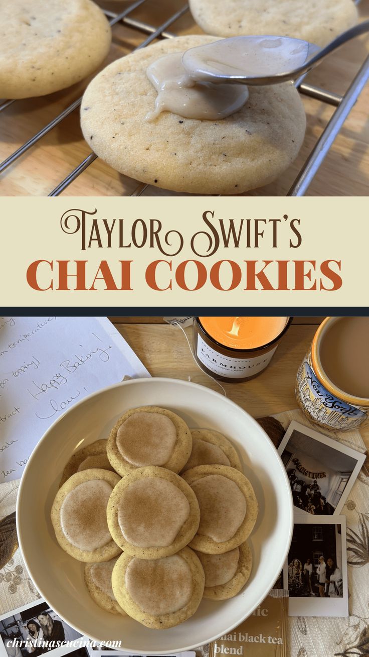 some cookies are sitting in a bowl on a table with the words taylor swift's chai cookies