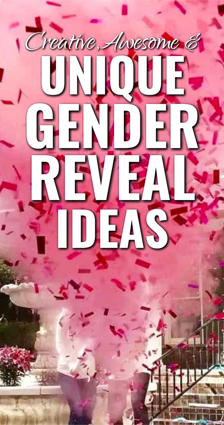 pink confetti is being thrown into the air with words reading creative awesome unique gender reveal ideas