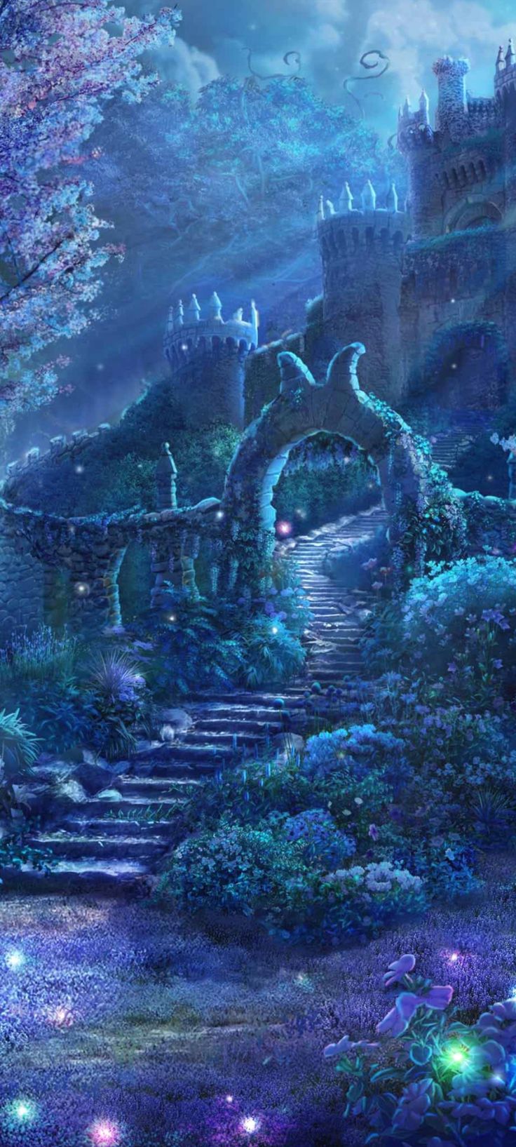 a fantasy castle with stairs leading up to it and trees in the foreground, surrounded by