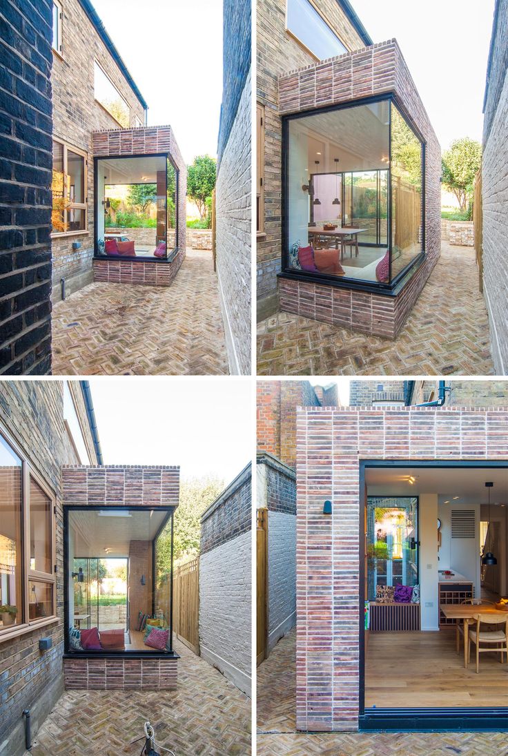 four images show the inside of a house with brick walls and windows, including an open patio