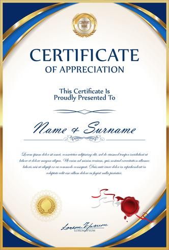 certificate of appreciation with blue and gold border