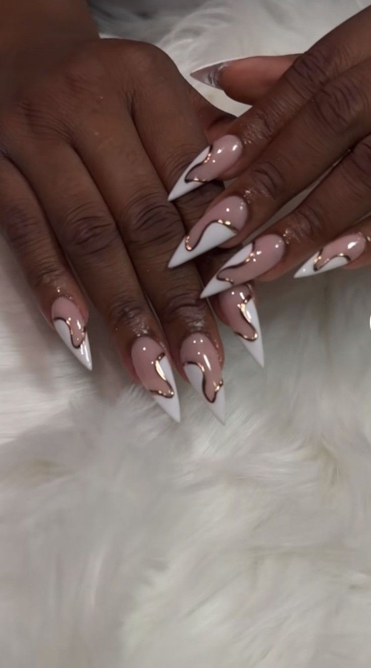 Luxury Almond Nails, Abstract Oval Nails, Glam Oval Nails, Half French Tip Nails Almond, White And Gold Nails Black Women, Unique Bridal Nails Art Designs, White Gold And Silver Nails, Simple Stiletto Nail Designs, New Years Holiday Nails