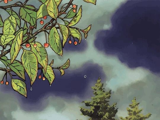 a painting of trees with red berries on them and clouds in the sky behind it