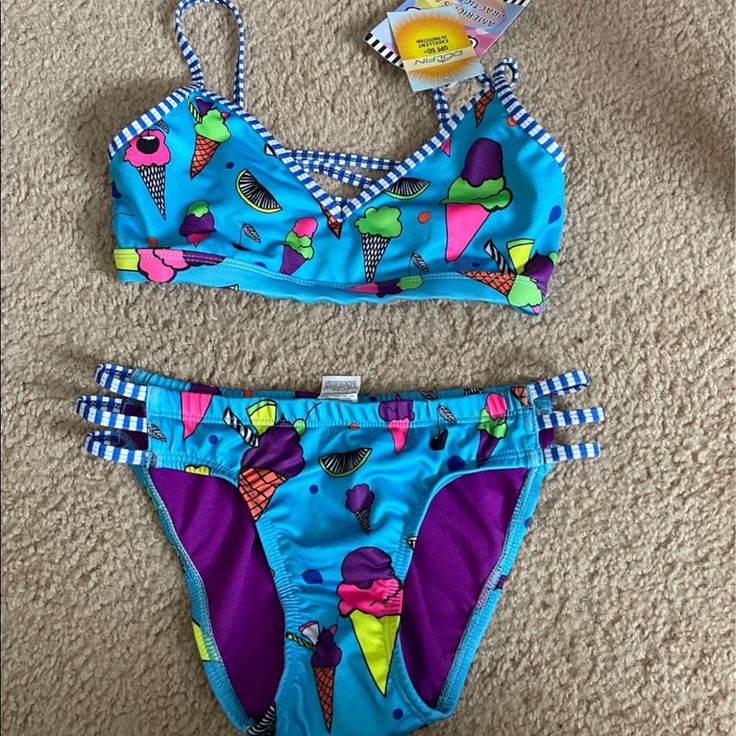 Super Cute Xs Bikini Set With Ice Cream Theme. Uv Protection. Playful Fitted Tankini For Poolside, Fitted Playful Swimwear For Swimming, Fitted Playful Swimwear, Playful Triangle Top Tankini For Pool, Playful Tankini With Triangle Top For Pool, Playful Fitted Tankini For Beach Party, Playful Triangle Top Tankini For Swimming, Playful Tankini For Pool, Playful Triangle Top Tankini For Beach Season