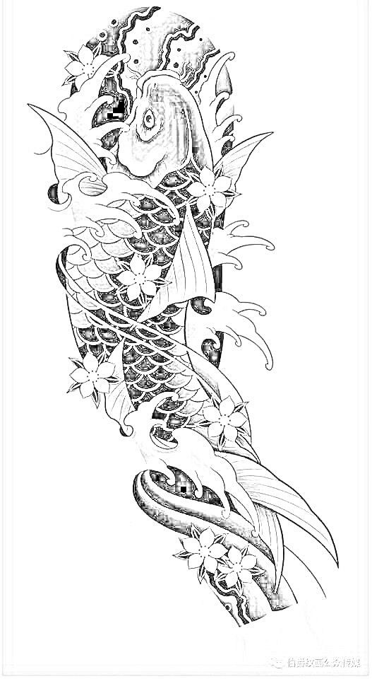 an ink drawing of a koi fish