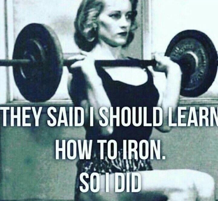 a woman lifting a barbell with the words, they said i should learn how to iron so i did