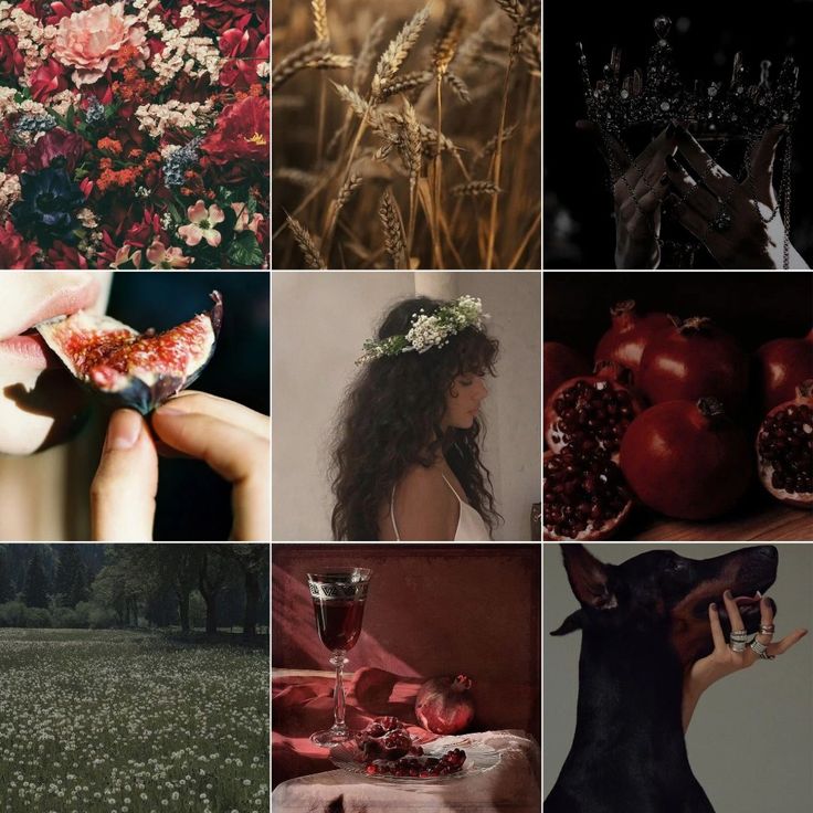 a collage of images with flowers, apples and other things in them that are all different colors