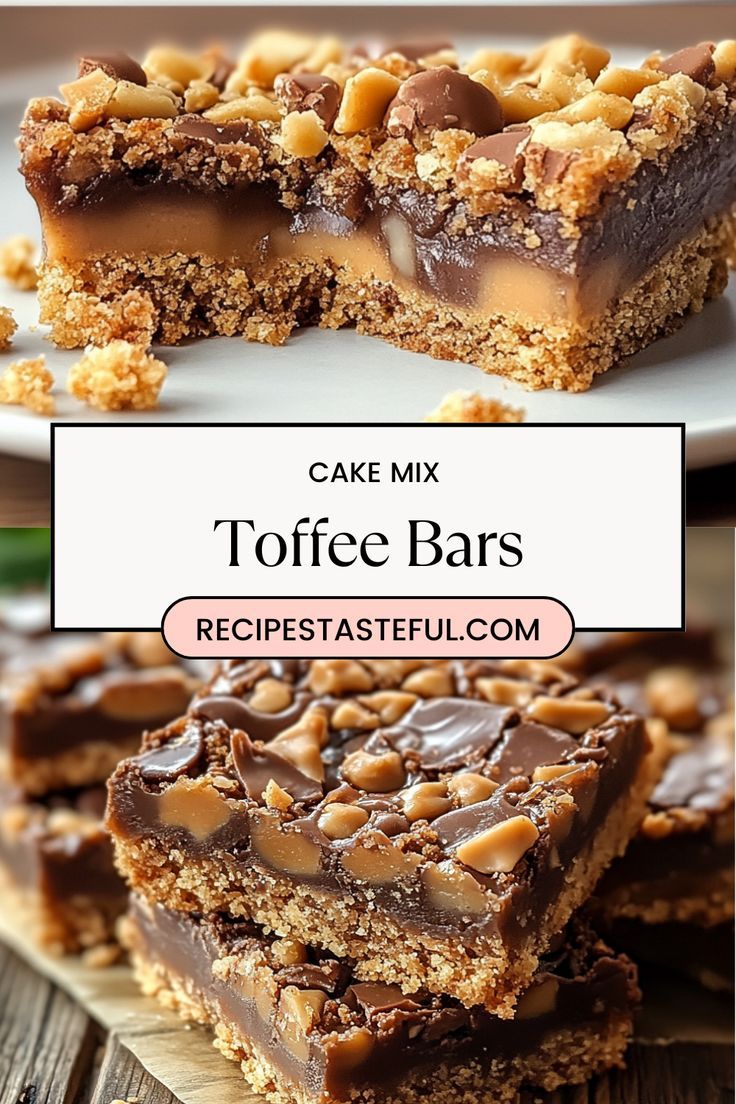 two pieces of cake mix toffee bars stacked on top of each other with text overlay