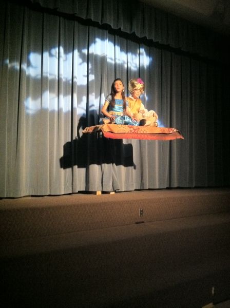 two people sitting on top of a table in front of a projection screen with clouds