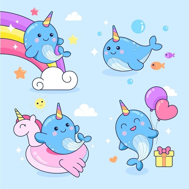 cute cartoon narwhales flying with balloons and gifts in the sky illustration