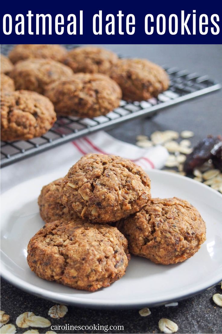 oatmeal date cookies on a white plate next to a cooling rack with chocolate chips