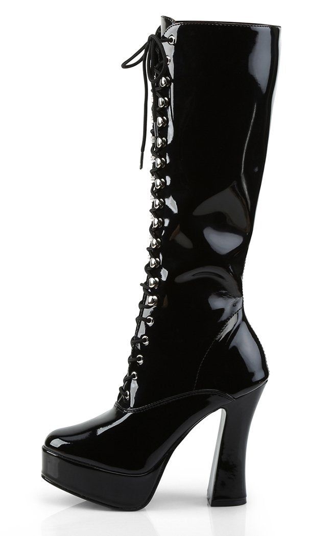 The Electra-2020s are the ultimate platform shoes from Pleaser! Step into these boots and be the baddie that you are! HEEL/PLATFORM : 5" Heel, 1 1/2" PFFIT GUIDE : True to sizeVEGAN : Yes Black High-top Heeled Boots In Polyurethane, High Heel Boots For Halloween Party, Black High-top Heeled Boots, Halloween High Heel Fitted Boots, High Heel Halloween Party Boots, Fitted High Heel Boots For Streetwear, Gothic High Heel Platform Lace-up Boots, High Cut Black Platform Boots For Club, High Heel Polyurethane Club Boots