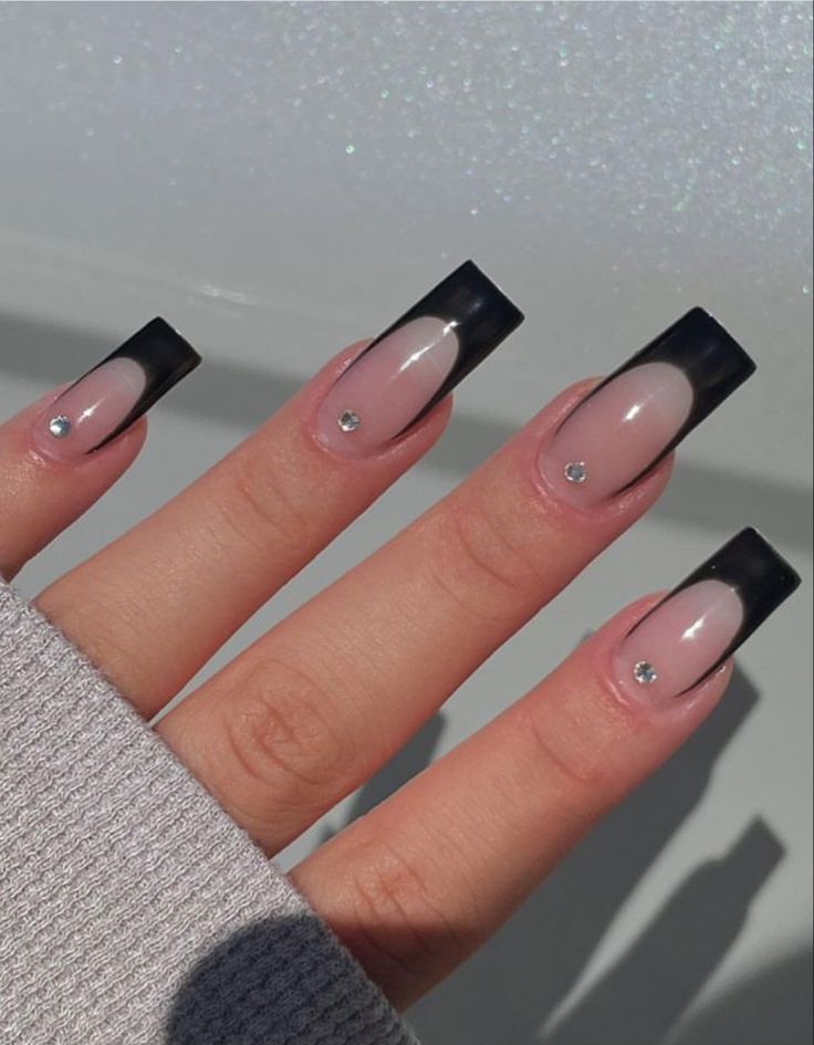 Black Matt French Tip Nails, Black French Nails Rhinestones, Black French Tip Nails Short Coffin, Fancy Black Nails With Gems, Black French Top With Gems, Black French Tip Nails With Rine Stones, Black French Tip Gems, Black French Tip Nails Charms, Black French With Diamonds