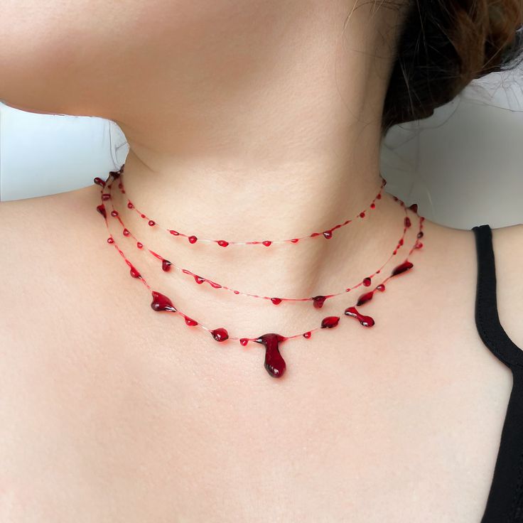 ➡️ [ITEM DESCRIPTION] Handmade blood necklace or bracelet. Both feature a stainless steel lobster clasp. ➡️ [Necklace Styles] --- Layered Blood Necklace    --- 14" length + 2" adjustable length chain extension, max length 16"    --- 16" length + 2" adjustable length chain extension, max length 18"    --- 18" length + 2" adjustable length chain extension, max length 20"  ---Custom Orders Accepted --- Please message me for assistance. ➡️ [SHOP WITH CONFIDENCE] 😊Price includes a caring seller that Blood Jewel Necklace, Blood Pearl Necklace Design, Blood Drop Necklace Ideas, Blood Bead Necklace, Pearl Blood Necklace, Blood Jewelry Diy, Blood Necklaces, Blood Accessories, Blood Drip Necklace