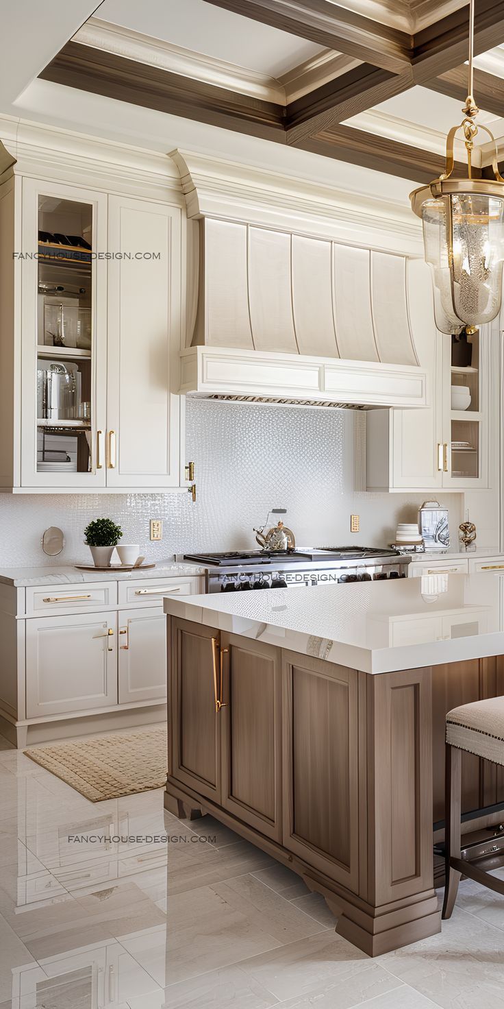 a large kitchen with white cabinets and marble counter tops, along with a chandelier hanging from the ceiling