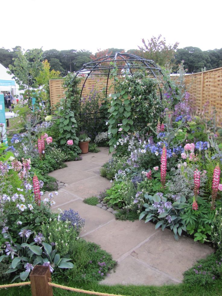 a garden with lots of flowers and plants around it