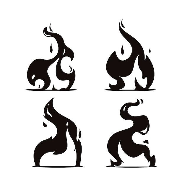 four black and white images of flames on a white background, each with different shapes