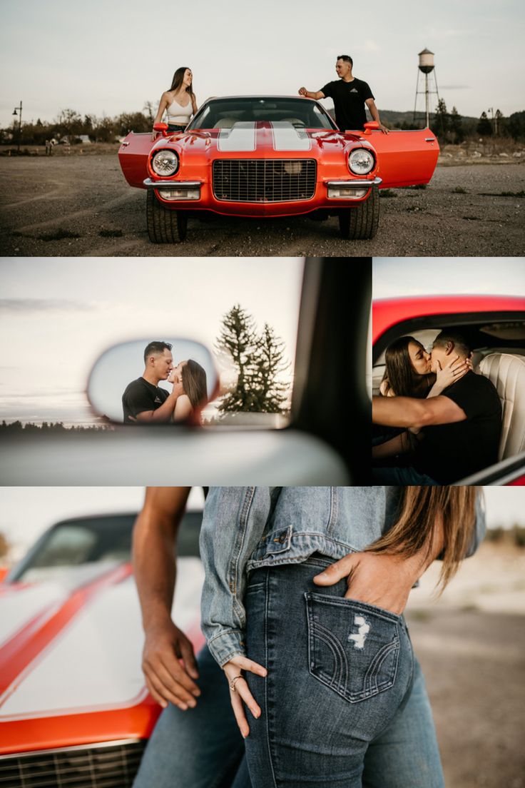 a man and woman are kissing in front of a red car with the hood up