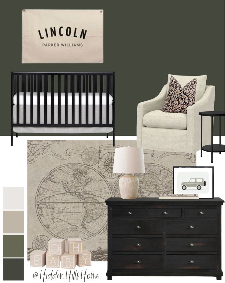 a baby's room with a crib, rocking chair, dresser and bed