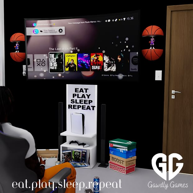 a woman sitting in front of a flat screen tv next to a basketball game on the wall