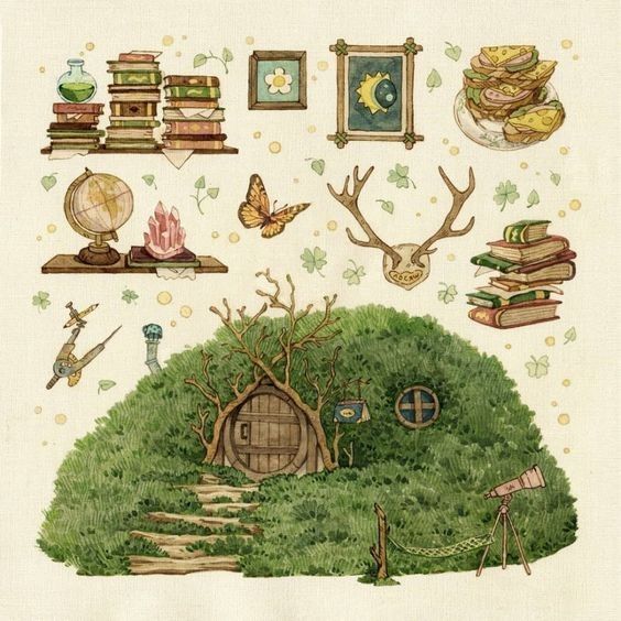 an illustration of a house in the middle of a field with books and other things around it