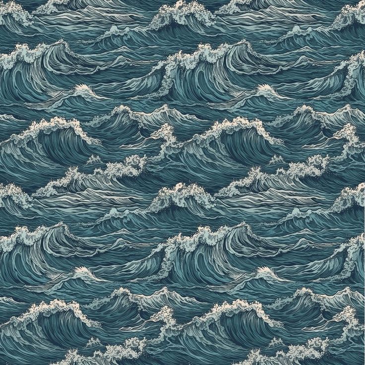 an ocean wave pattern with white foam on the water and blue sky in the background