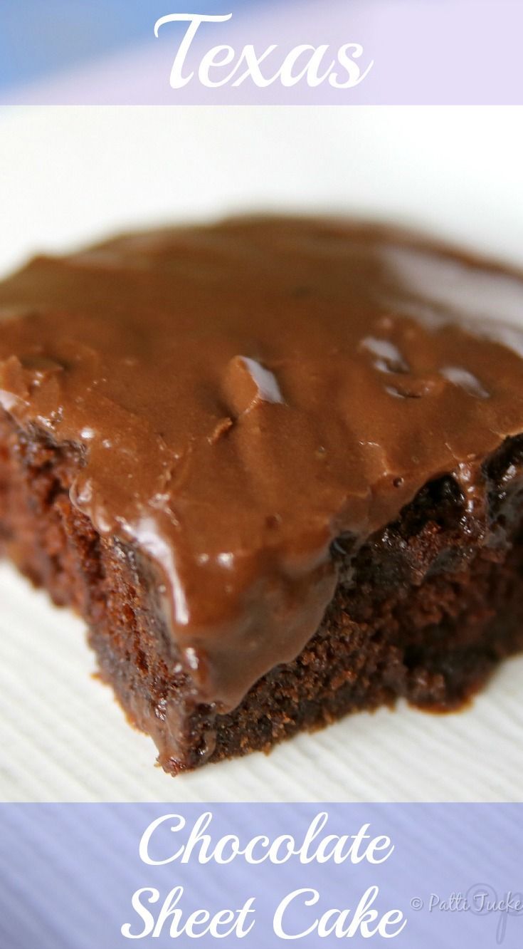 a close up of a piece of cake with chocolate frosting on it and the words, texas chocolate sheet cake