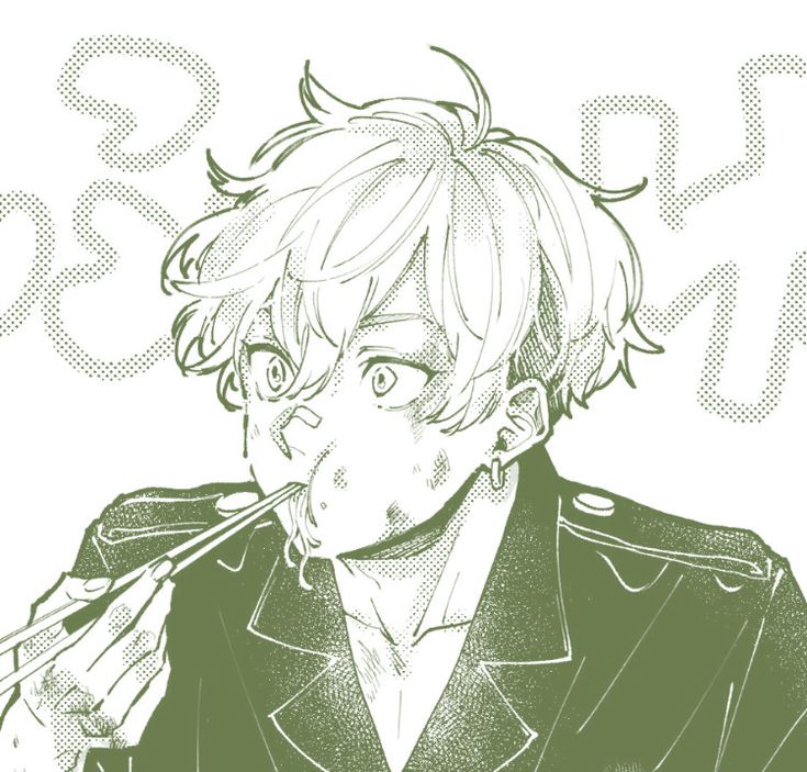 a drawing of a man eating food with chopsticks in his mouth and looking at the camera