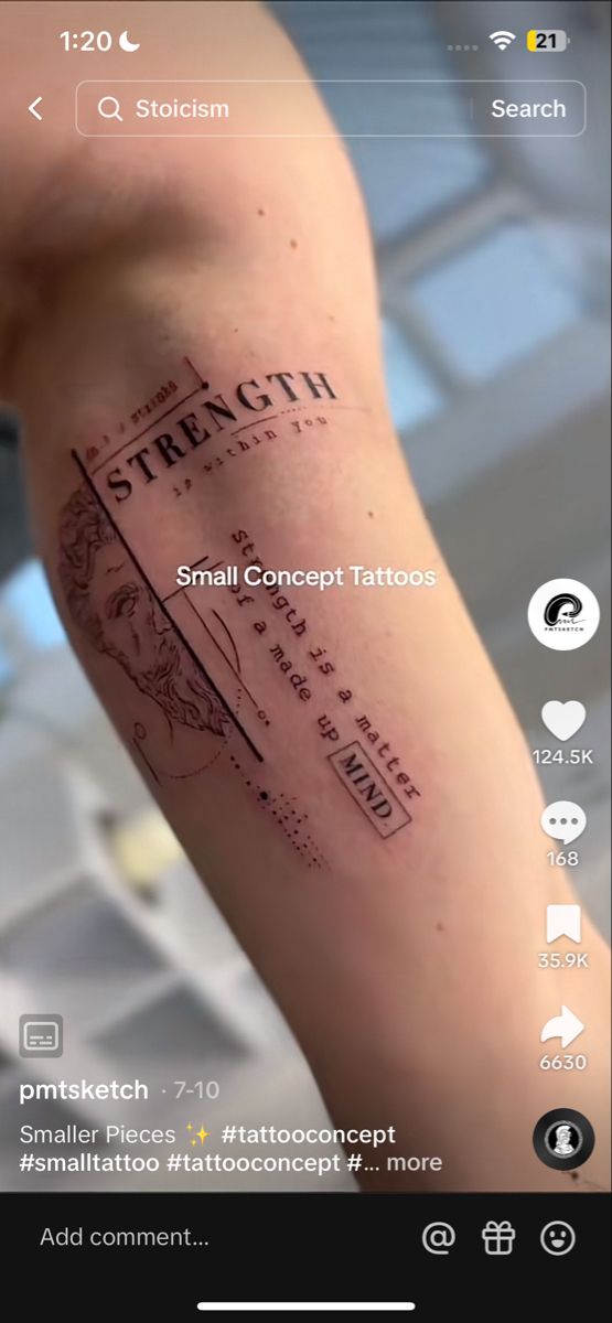 a tattoo on the back of a person's arm that reads strength, small concept tattoos