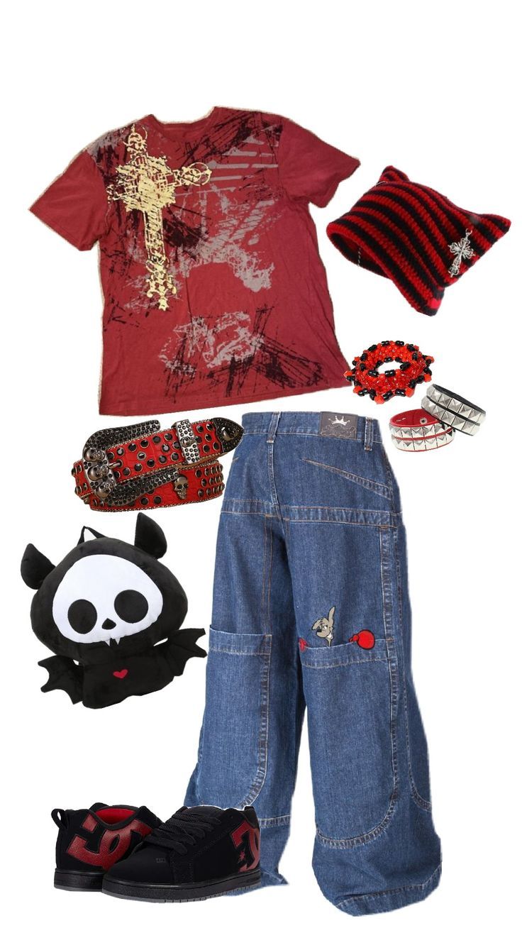 Punk Red Outfit, Cute Outfits Red And Black, Easy Y2k Outfits For School, Dark Red Y2k Outfit, Black And Red Grunge Outfit, Y2k Christmas Outfits, Red Y2k Shirt, Red Clothes Aesthetic, Red Acubi Outfit