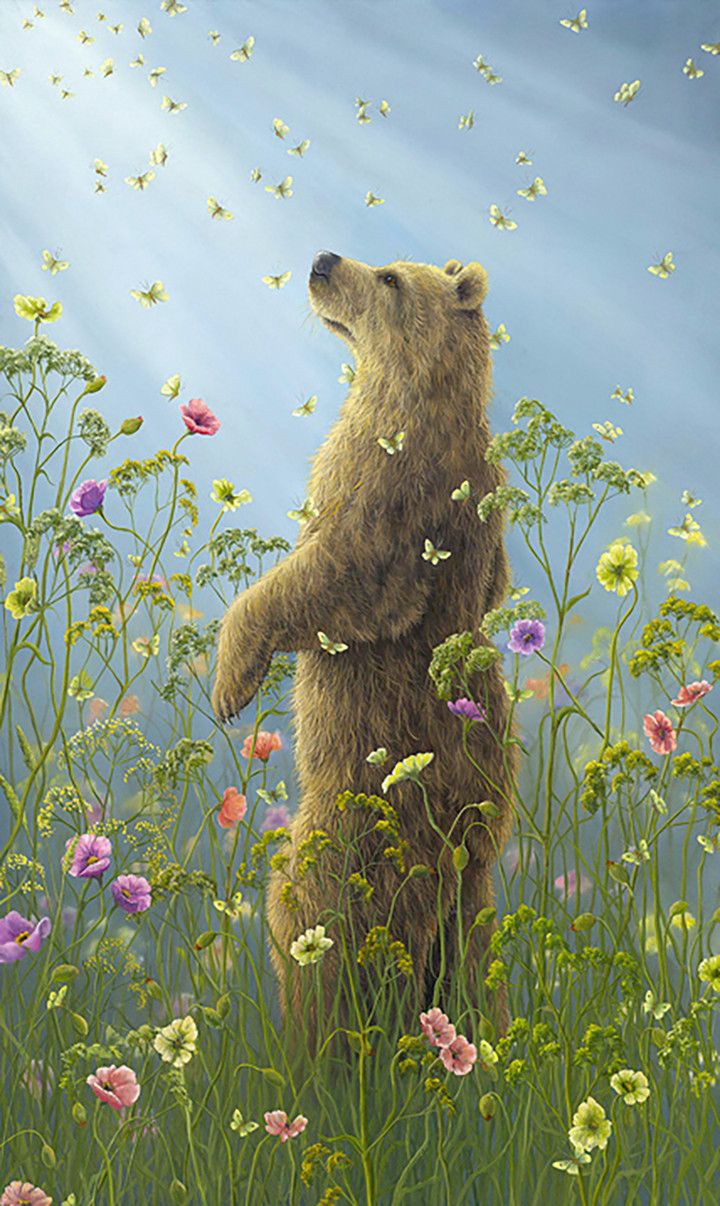 a painting of a brown bear standing on its hind legs in a field of flowers