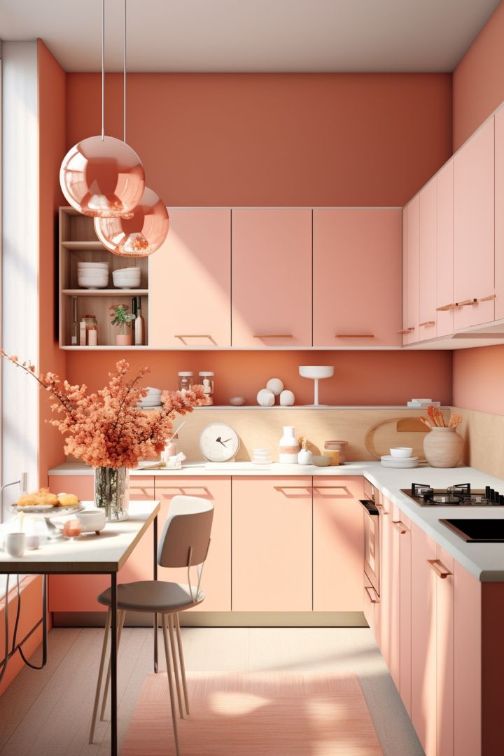 an orange and pink kitchen with white counter tops, wooden cabinets, and a dining room table