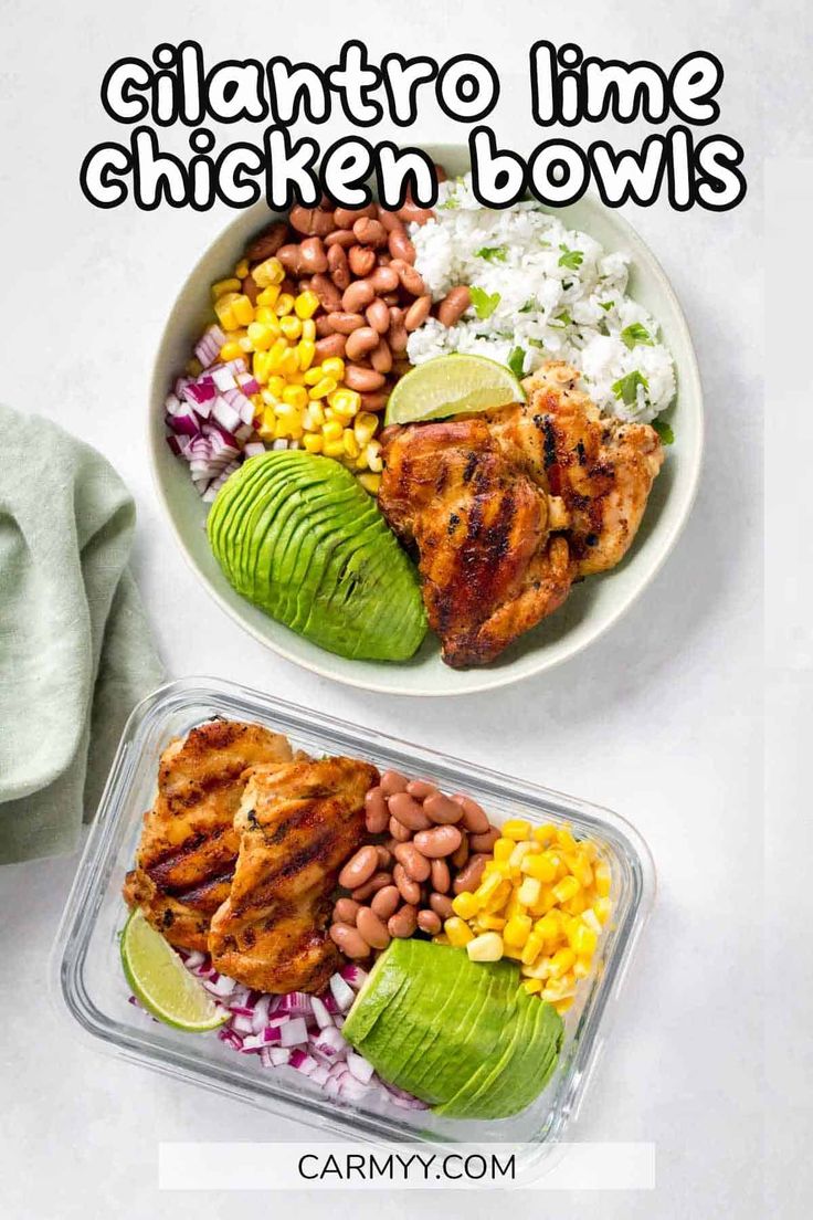 two bowls filled with chicken, beans and rice