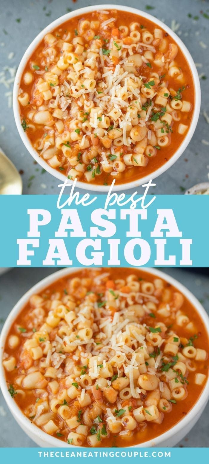 two bowls of pasta fagioi with the title above it