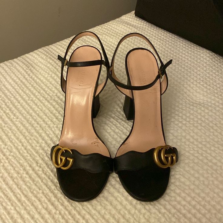 Gucci Marmont Heels Sandals. Black With Gold Gg. Block Heel. 100% Authentic. Luxury Gucci Sandals With Heel Strap, Gucci Open Heel Sandals With Buckle Closure, Gucci Ankle Strap Sandals With Buckle, Gucci Ankle Strap Sandals With Buckle Closure, Gucci Block Heel Shoes With Buckle Closure, Gucci Formal Block Heel Sandals, Gucci Sandals With Buckle And Block Heel, Gucci Block Heel Evening Sandals, Gucci Evening Sandals With Block Heel